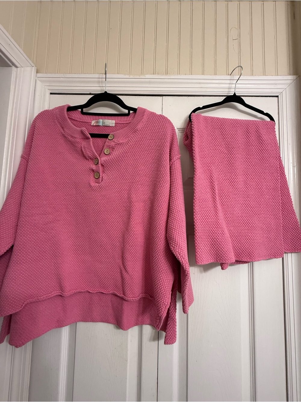 Free People Pink Button-Henley Waffle Knit Sweater